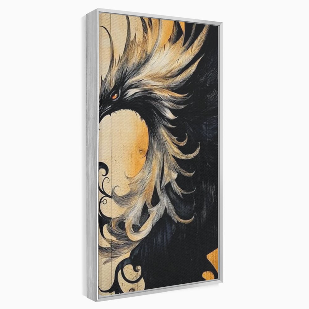 Tablou canvas cu tablou canvas cu pasare mitologica phoenix, in rama de aluminiu argintiu